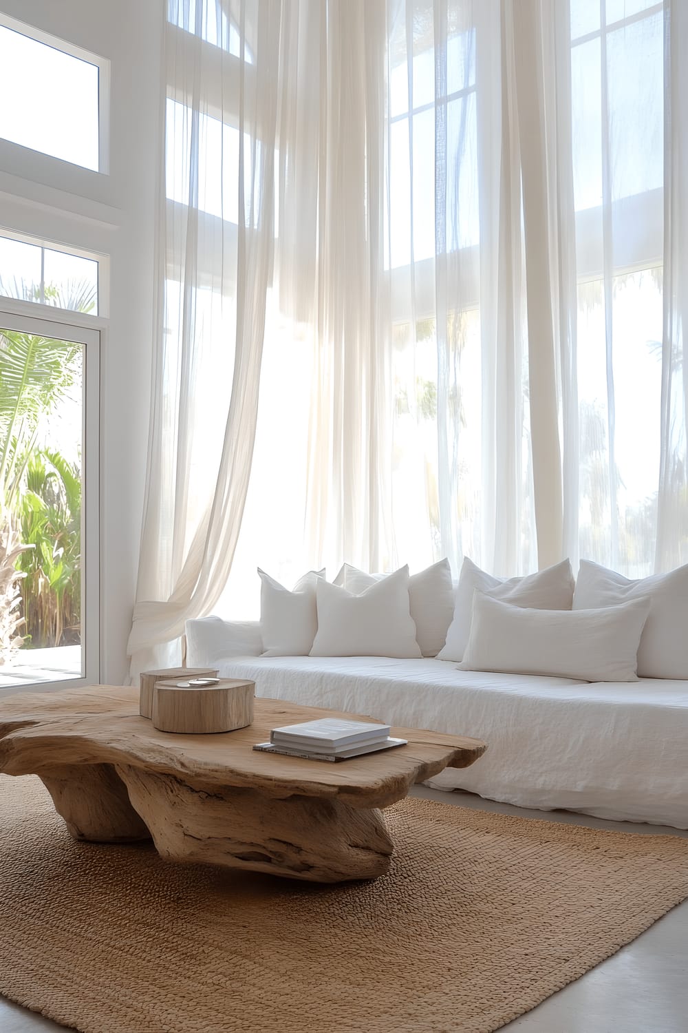 A modern sunroom bathed in natural light, featuring a single white linen sofa sitting on a jute rug. A sculptural driftwood coffee table is placed in front of the sofa, with tall translucent curtains lending the room a soft, ethereal atmosphere.