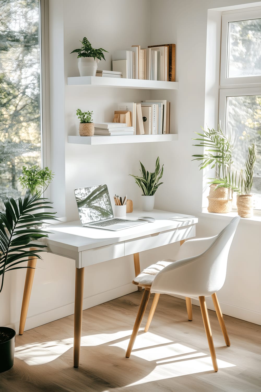 A bright Scandinavian-inspired home office featuring a sleek white desk with minimal accessories. An ergonomic chair in light wood is set nearby, under wall mounted shelves carrying neatly arranged books and plants. Large windows in the room allow for an abundance of natural light, highlighting the clean and productive workspace.