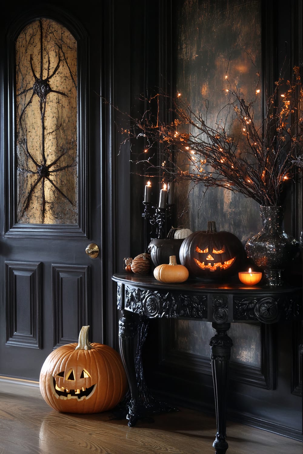 This image depicts a dark, atmospheric Halloween-themed interior vignette. The setting features a gothic-style black wooden table adorned with intricately carved details situated against a dark textured wall. On the table, there is a black vase filled with spindly, barren branches adorned with tiny orange lights, and several carved pumpkins; the largest of which glows ominously from within with a classic jack-o'-lantern face. Two unlit black candles and various small autumnal decorations, such as miniature pumpkins and nuts, are also arranged on the tabletop. A large jack-o'-lantern sits on the floor beside the table, its expressive carved face lit from the inside. To the left, a black door with gold details and a decorative glass panel featuring a spider web pattern completes the eerie ambiance.