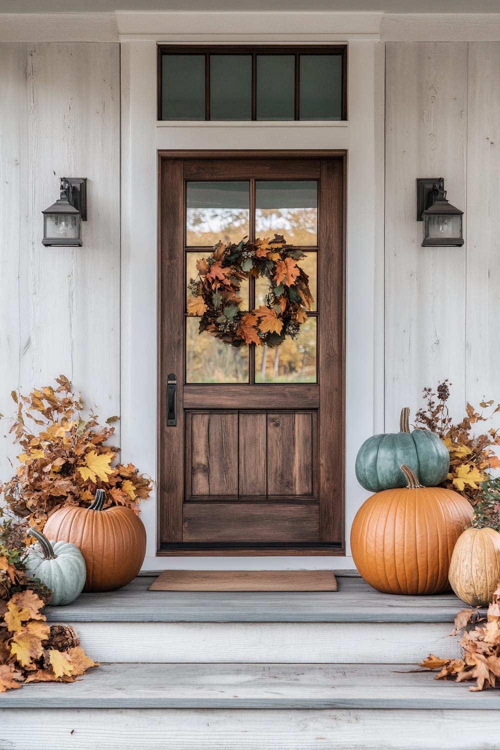 A front porch showcases autumnal decor. A wooden door with a glass-paneled top is adorned with a wreath made of fall leaves in shades of orange and yellow. Surrounding the door are lantern-style wall lights affixed on either side. The porch steps are decorated with an array of pumpkins in various shapes and colors, including traditional orange and unique greenish-blue hues, juxtaposed with bunches of dry, fallen leaves. The siding is whitewashed wood, presenting a rustic and inviting feel.