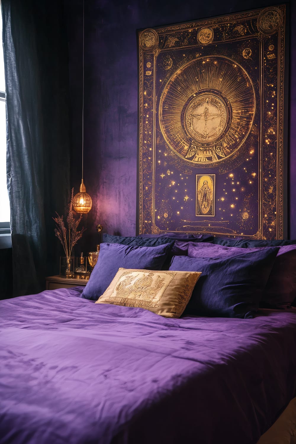 A stylish bedroom featuring an illuminated tarot card wall art piece in gold and purple tones. The room includes a purple bed with a gold accent pillow, a wooden side table with various decorative items, and a glowing pendant light. The ambiance is mystical and sophisticated with focused lighting highlighting the tarot designs.