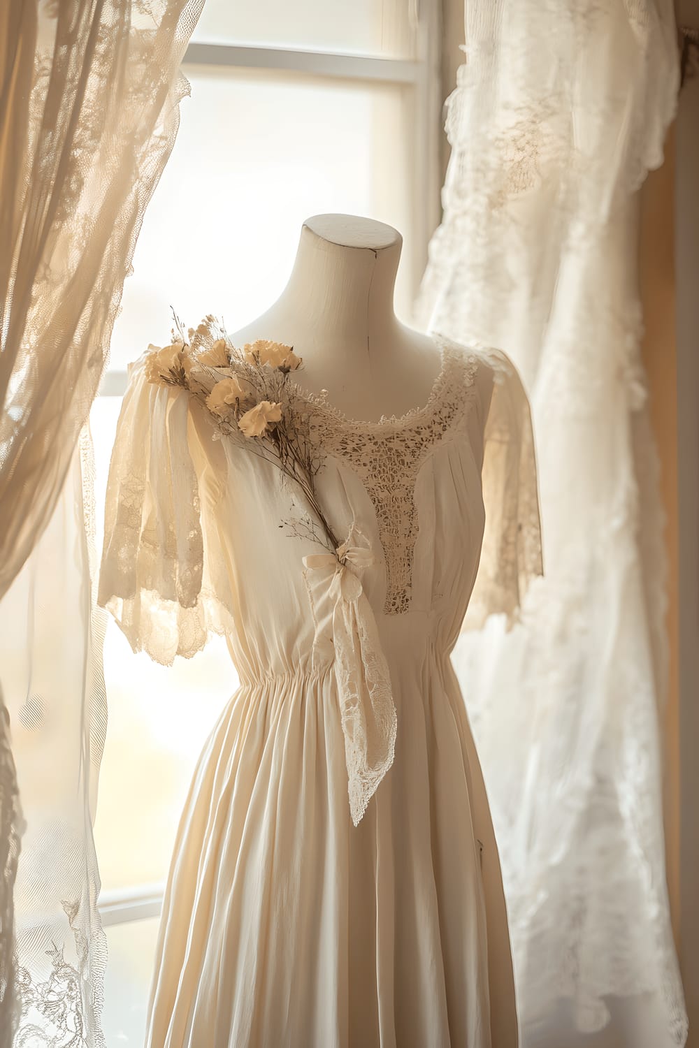 An antique dress form stands in soft golden light, draped in soft linen with delicate dried flowers tucked into the neckline. Subtle beams of light filter through the surrounding lace curtains, adding a warm hue to the scene.