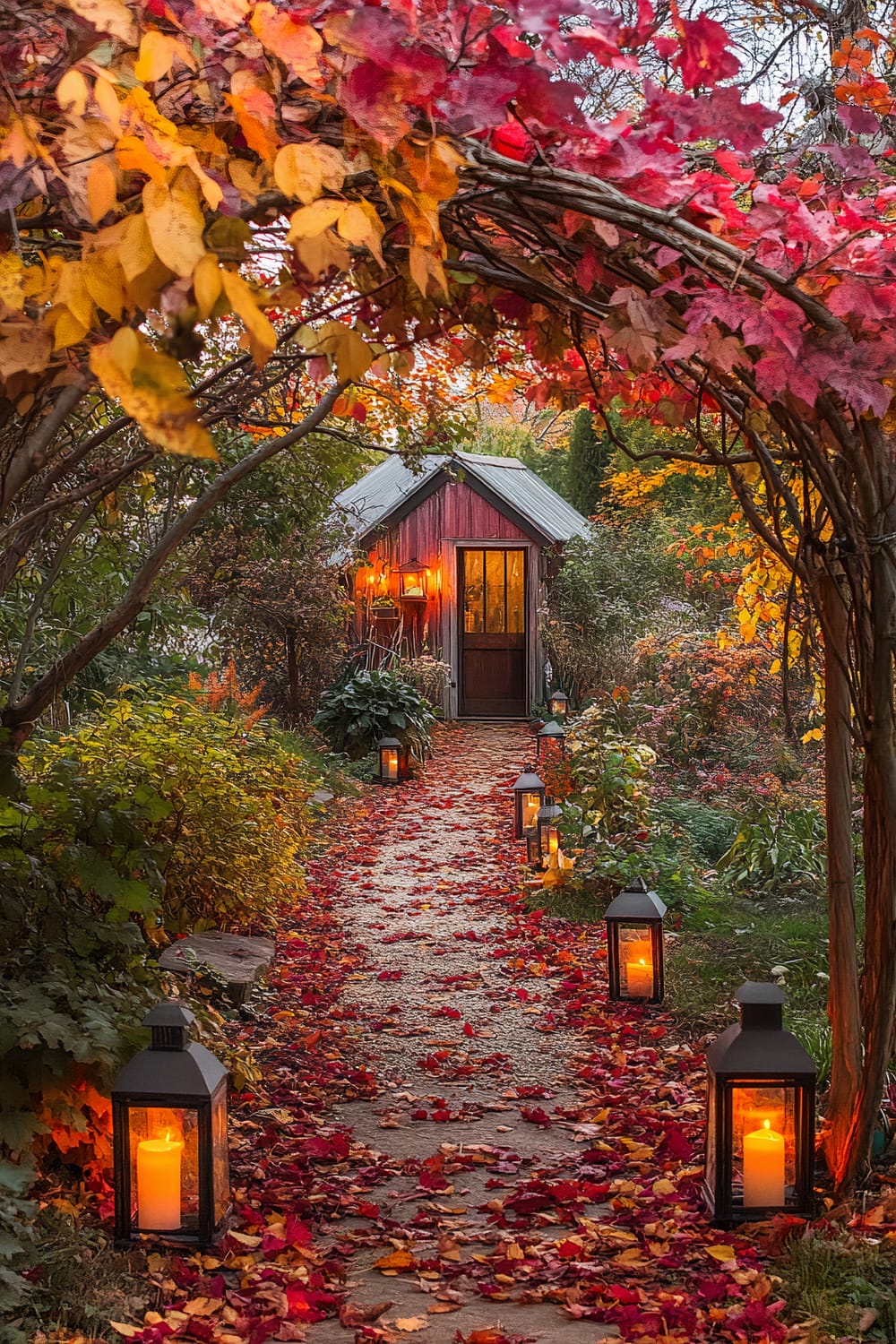 A charming autumn scene featuring a small wooden cabin at the end of a path strewn with red and gold leaves. Lanterns with flickering candles line the path, leading to the cabin warmly lit from within. An archway of fall foliage frames the entryway, enhancing the idyllic and picturesque atmosphere.