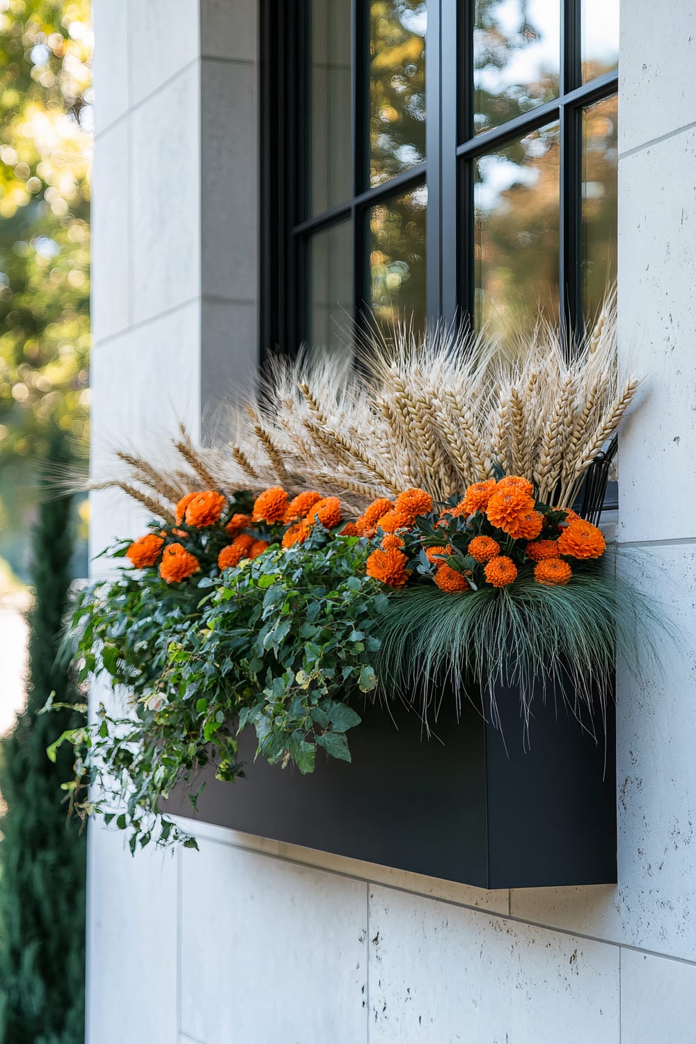 A window box mounted on a building facade is filled with vibrant orange flowers, likely marigolds, and topped with bundles of golden wheat stalks. The lush greenery drapes elegantly over the sides, contrasting with the sleek black of the window box. The window behind has black panes and reflects outdoors greenery.