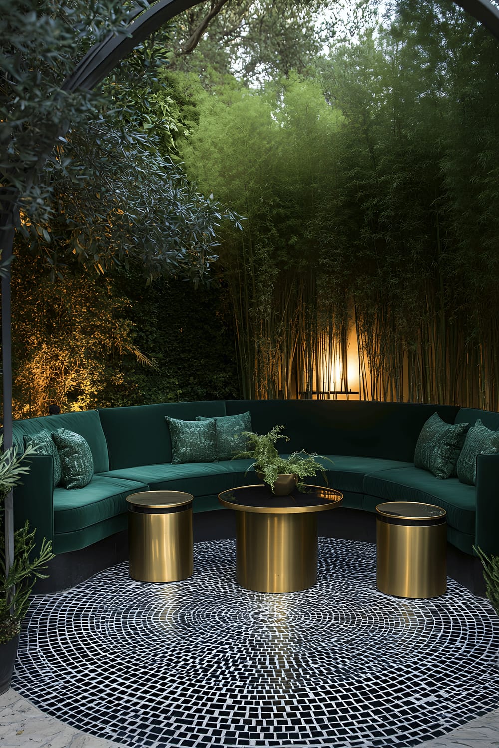 An upscale patio featuring a curved seating area upholstered in emerald velvet with brass side tables. The black and gold mosaic floor encircles a central planter, housing tall papyrus reeds. A modern arched lamp accents the space, casting a striking light across.