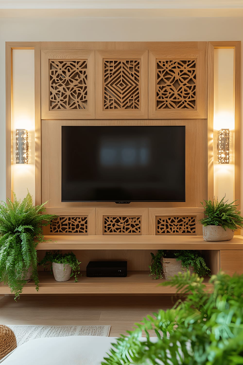 A television set is framed by intricately handcrafted wooden panels with geometric designs. Scattered between the wooden structures are small metal art pieces and potted ferns, all against a backdrop of a gentle cream-colored wall that's softly illuminated from the side.