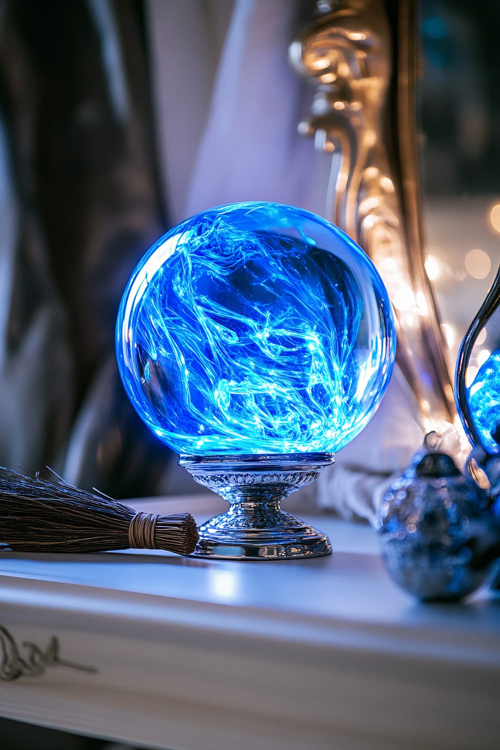 A large, mystical crystal ball emitting swirling blue LED lights, placed on an ornate silver stand, is displayed on a minimalist white coffee table. The table also features a traditional witch’s broom and a reflective mirror, creating an eerie yet intriguing atmosphere under soft lighting.