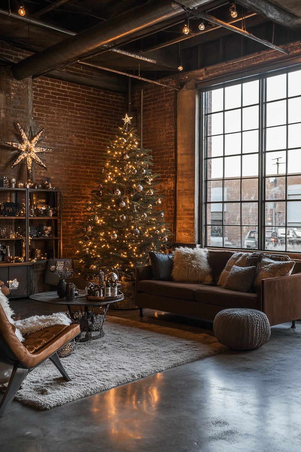 A loft-style living space with an industrial design theme featuring exposed brick walls and large black-framed windows. The room is decorated with a tall, illuminated Christmas tree adorned with silver ornaments. A brown sofa with various textured cushions and a fuzzy throw is placed near the window, alongside a knitted pouf. A leather chair with a fluffy white throw and a round coffee table are positioned on a textured area rug. Shelving along the brick wall is filled with decorative items, and a large star-shaped ornament hangs above it. The room has an ambient warm glow from string lights suspended on the ceiling beams.