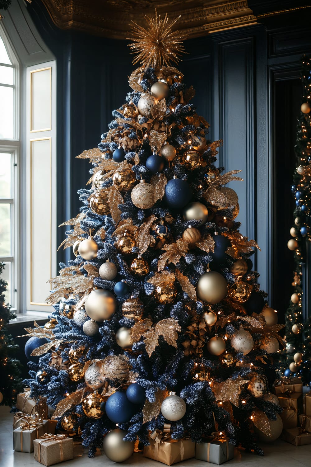 A luxurious Christmas tree decorated with a blend of gold and navy blue ornaments against a sophisticated interior with dark walls and gold accents. The tree features a radiant star topper, embellished with gold leaves, and is surrounded by neatly wrapped presents in gold and silver wrapping paper.