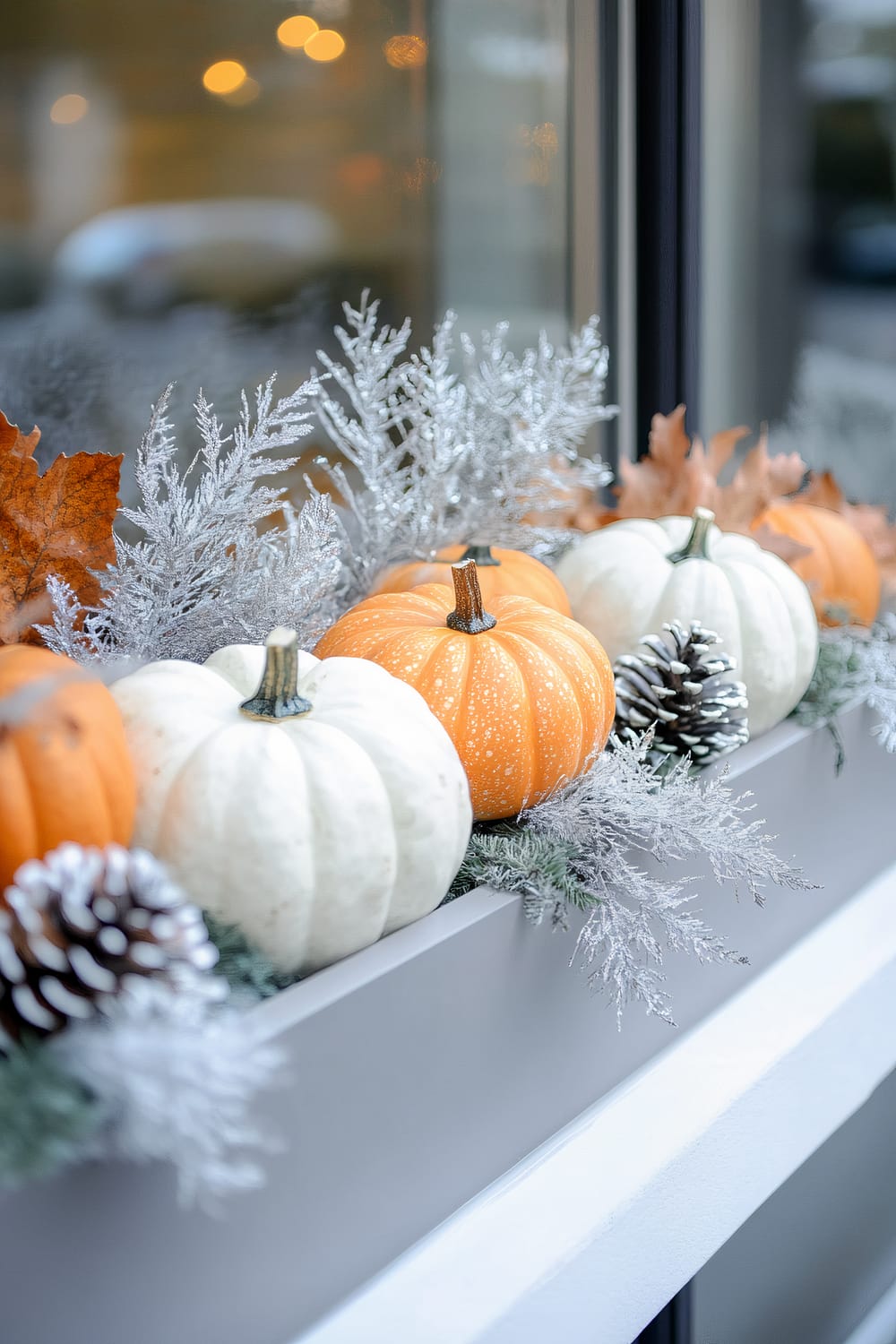 A decorative arrangement on a window ledge features a mix of small white and orange pumpkins, silvery frosted pine branches, and pine cones. The background is blurred, showing an interior space with warm lighting.