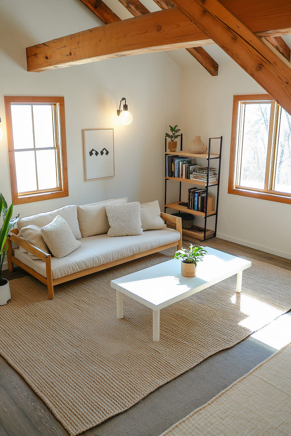 Scandinavian-inspired pole barn loft featuring a light wooden sofa with two knitted cushions. A simple white coffee table with a green plant in a pot is placed in front of the sofa. A minimalist bookshelf with decorative items stands by the wall. Two windows allow natural light to brighten the room, which has wooden beams on the ceiling and a neutral jute rug on the floor.