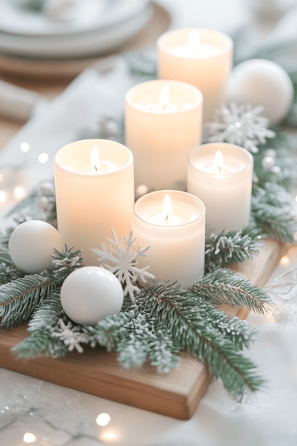 A serene winter-themed tabletop centerpiece inspired by Nordic design, featuring multiple white pillar candles in frosted glass holders surrounded by green sprigs of pine and eucalyptus. Small white ceramic snowflake ornaments and silver accents are scattered around. The whole arrangement is placed on a light wooden tray with a snowy white linen runner beneath it. The scene is illuminated with cool, soft lighting.