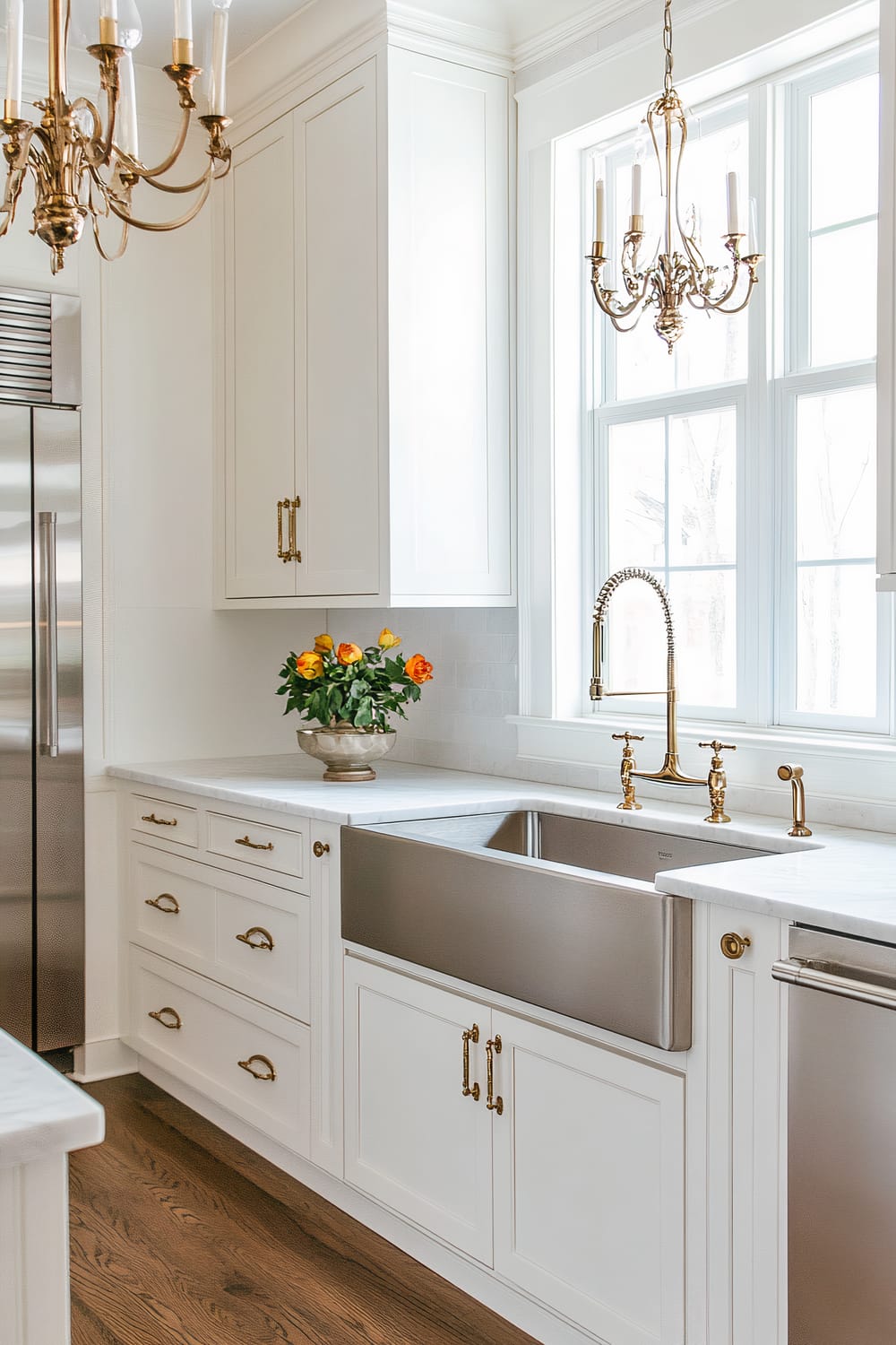 This image showcases a bright and elegant kitchen space dominated by white cabinetry with brass hardware. A large farmhouse-style stainless steel sink is positioned under a window that lets in plenty of natural light. Two ornate brass chandeliers hang from the ceiling, adding a touch of glamour. On the counter, there is a vase of vibrant orange and yellow roses, contributing a pop of color to the serene white and brass palette. The kitchen floor is made of polished wood, providing a warm contrast to the white cabinets.