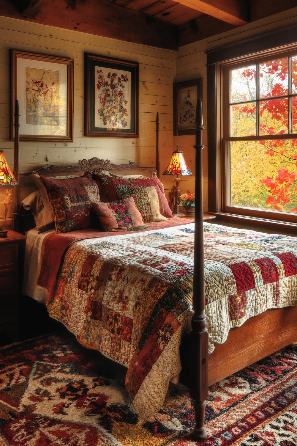 A rustic bedroom with a wooden four-poster bed adorned with a colorful patchwork quilt and multiple patterned pillows. The room features wood-paneled walls and ceiling beams, adding to the rustic charm. Two bedside tables each hold a decorative lamp with stained glass shades. Framed botanical prints hang on the wall behind the bed, and a large window with an autumnal view completes the cozy atmosphere.