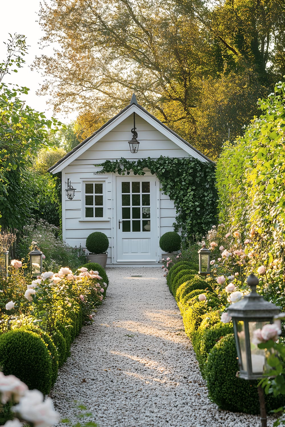 A refined, white-painted garden shed covered partially with delicate ivy, sits majestically in a beautifully arranged English garden. The garden features carefully trimmed topiaries, symmetrical beds of roses, and a gravel pathway studded with old-fashioned lanterns. The soft overcast lighting creates gentle, diffused shadows, highlighting the balanced elegance of the scene.