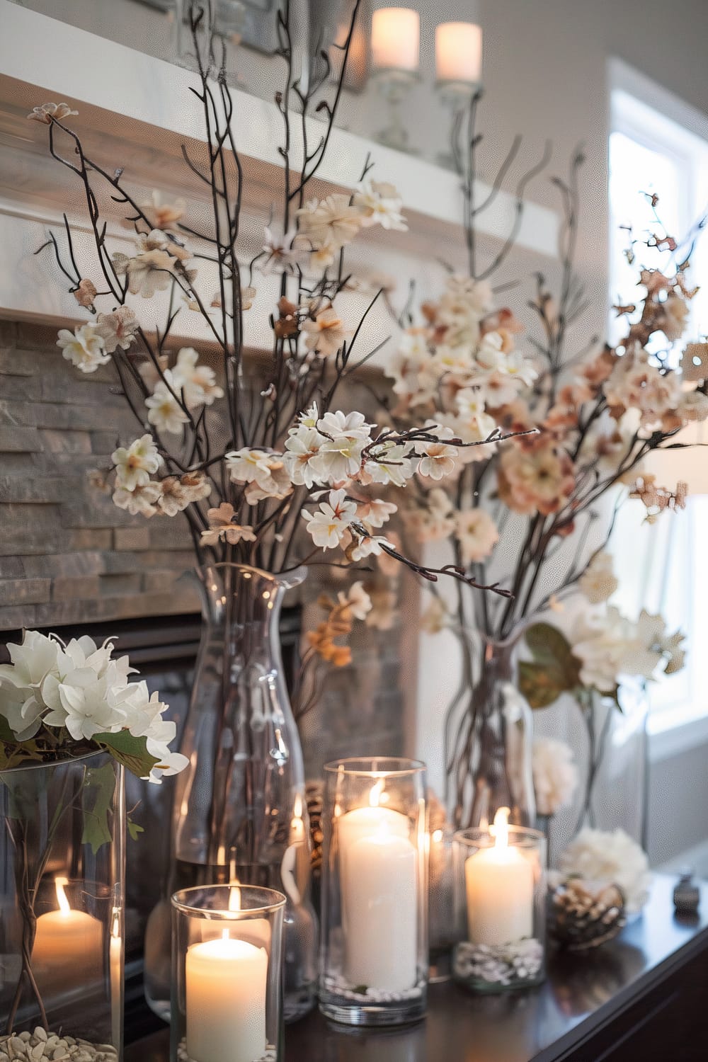 Various glass vases and candle holders placed on a mantelpiece with lighted candles and faux white and pink cherry blossoms. The arrangement includes a stone-faced fireplace in the background, creating a soft and serene ambiance with warm, natural light streaming in from a nearby window.