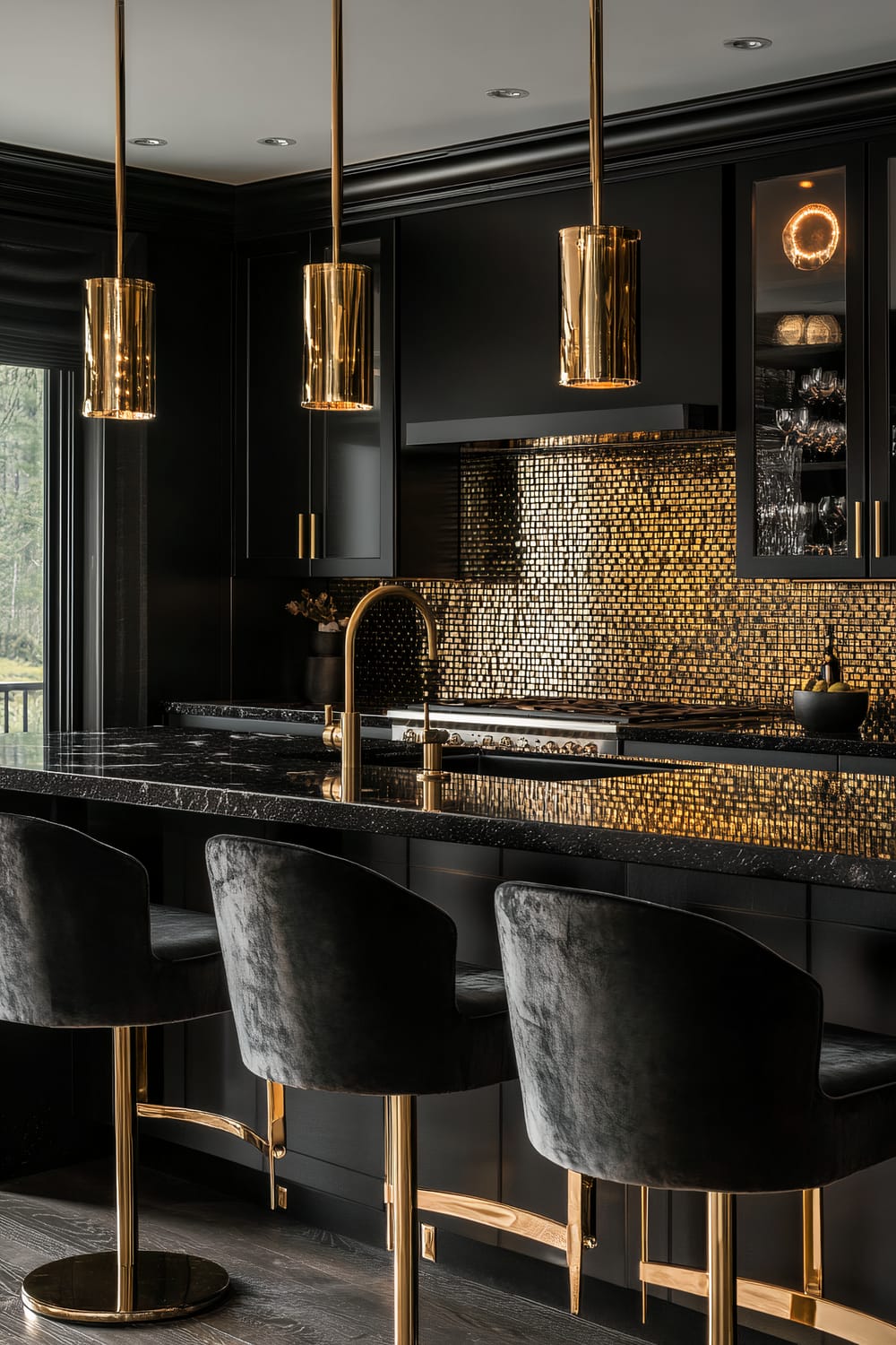 A modern kitchen featuring a sleek black countertop with a glossy finish and integrated sink and stove. The backsplash is adorned with shimmering metallic tiles in gold tones. Above the island, there are three gold cylindrical pendant lights hanging from the ceiling. The island is accompanied by three plush black velvet bar stools with gold accents, and the overall decor exudes luxury with a sophisticated color palette of black and gold.