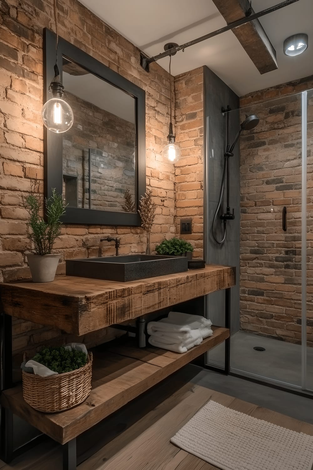 The image captures an urban rustic bathroom, showcasing exposed brick walls blending with a polished, wooden vanity under a large, matte black mirror. A walk-in shower flaunts clear glass doors, revealing concrete tiles inside. Pendant lights, emitting a warm radiance, hang from the ceiling, adding to the inviting atmosphere. Minimalistic decor, mostly comprising green plants, beautifies the neutral palette of the room.