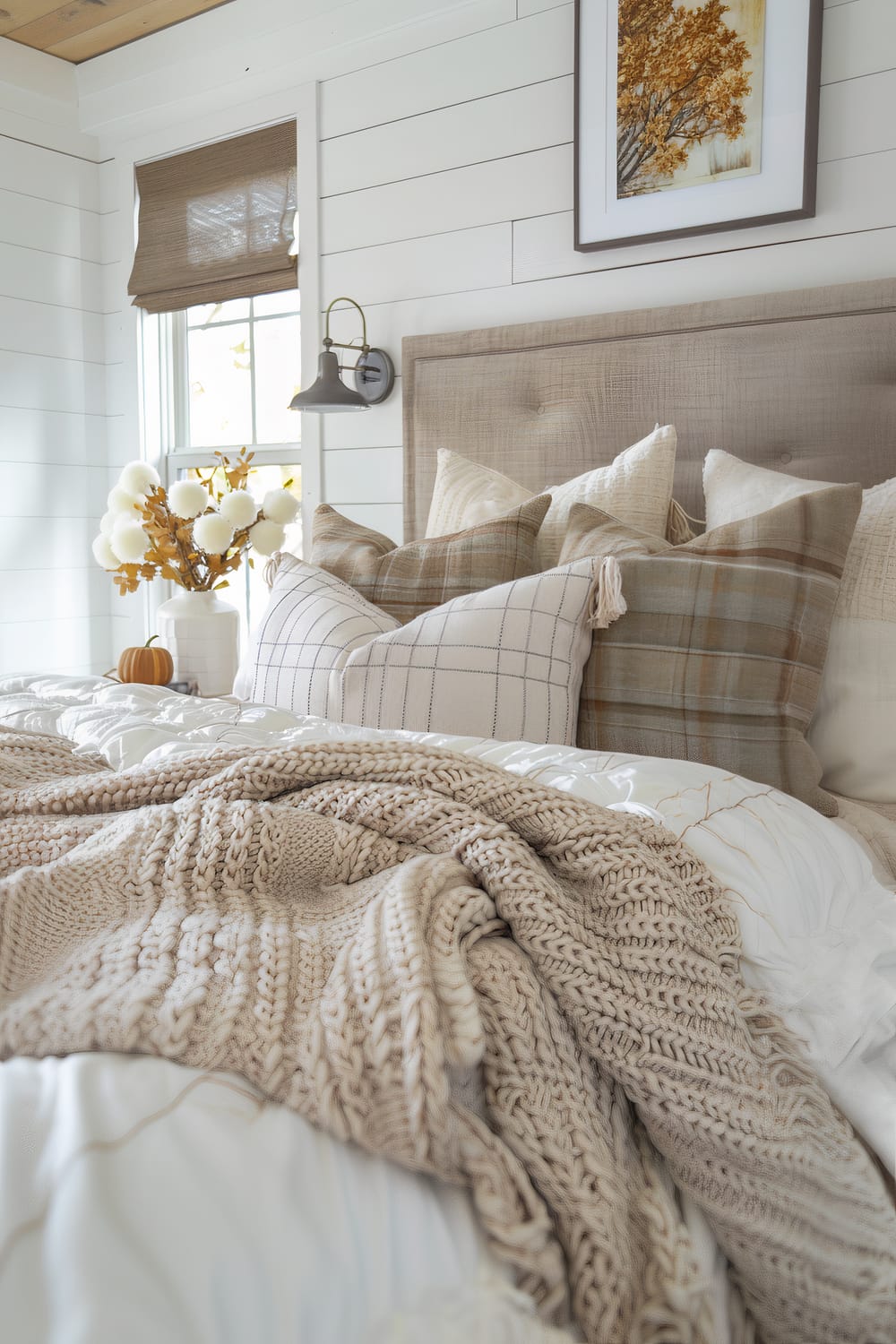 A bedroom scene featuring a bed with a beige tufted headboard, adorned with various throw pillows in neutral tones, including plaid and checkered patterns. A chunky knit blanket in a soft beige color is draped over a white textured duvet. Adjacent to the bed is a window with an earthy brown roman shade. A bedside table holds a white vase with fluffy white botanicals and autumn leaves, along with a small orange pumpkin. Above the bed, a framed picture of a tree with golden autumn foliage is hung on white shiplap walls. A wall-mounted lamp with an industrial design sits beside the headboard.