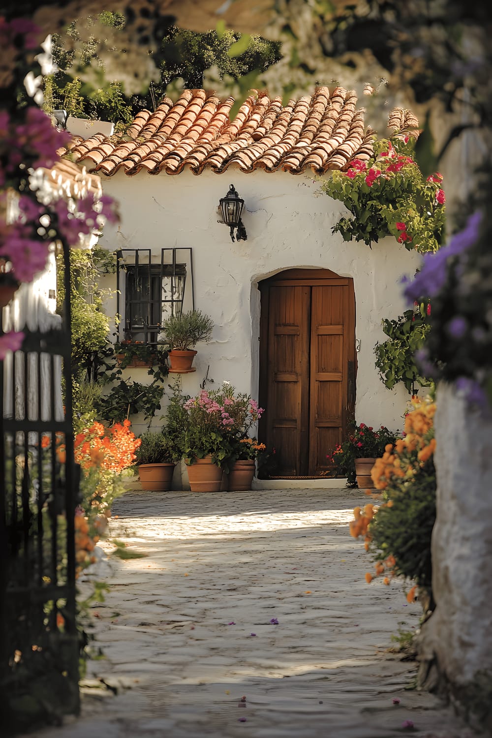 A picturesque Mediterranean-style home with a terracotta-tiled roof, cream-colored stucco walls, and dark wooden shutters. The home is enveloped by a vibrant courtyard flourishing with a variety of springtime blooms. A wrought-iron gate reveals a cobblestone path bursting with lavender, rosemary, and leafy citrus trees in terra cotta pots. Overhanging a white stone archway, ivy drapes gracefully, guiding the way toward the home's grand wooden front door. The entire scene basks in the warm golden light of late afternoon, intensifying the rich terracotta hues, and casting long shadows that add depth to the tranquil setting.