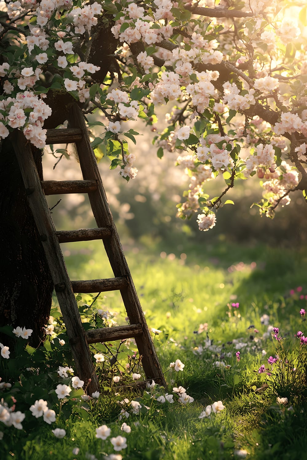 A sunlit apple orchard with trees covered in pale pink and white apple blossoms, busily pollinated by honeybees. A rustic wooden ladder leans against one of the gnarled tree trunks. The grass below the tree is fresh and green, dotted with wild violets. The scene encapsulates the essence of an early spring morning with a hint of floral fragrance in the air.