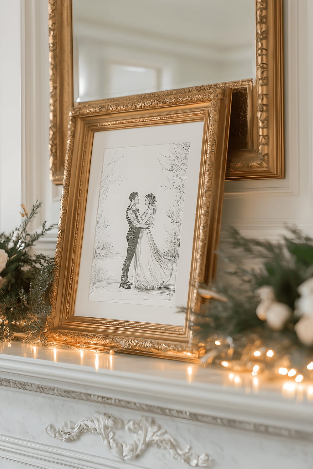 A marble mantel decorated with an ornate gold frame containing a hand-drawn sketch of a couple dancing, illuminated by ambient lights.