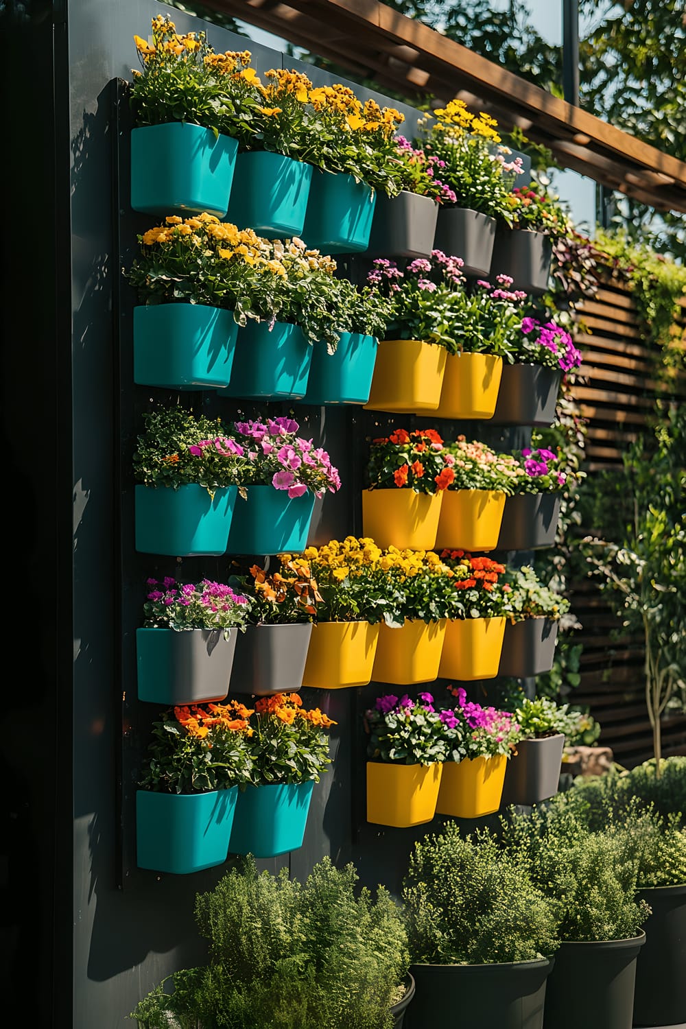 A lively modern outdoor space dominated by a vertical garden set up with resin planters in vibrant teal, mustard yellow, and coral colors, hosting an array of thriving plants like succulents, ferns, and flowering annuals. Arranged in a staggered pattern, the planters mount on a sleek metal frame. Surrounding this vibrant garden display, there is minimalist outdoor furniture adorned with colorful cushions in complementary tones. Bright natural daylight further amplifies the lively colors of the scene.