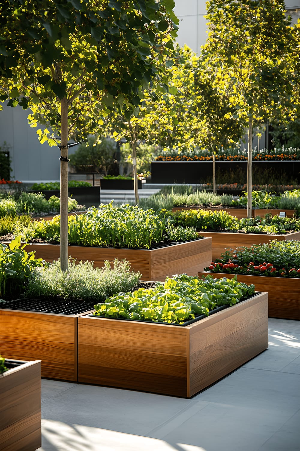 A neatly organized contemporary vegetable and herb garden bathed in sunshine. The garden consists of raised wooden beds with clean lines filled with vibrant green herbs like basil, rosemary, and thyme, and colorful vegetables such as cherry tomatoes and bell peppers. A modern white watering system and minimalist black metal garden tools are also present in the scene.