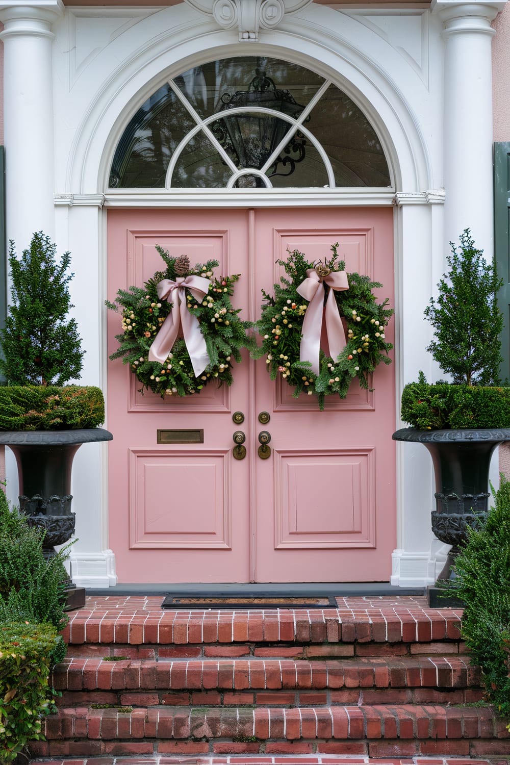 A welcoming entrance features double pink doors adorned with festive wreaths, each decorated with pinecones, berries, and large pink ribbons. The doors are framed by white columns and an arched transom window above. Two black urn planters filled with manicured greenery stand on either side of the doorway. The entryway is flanked by brick steps leading up to the doors.