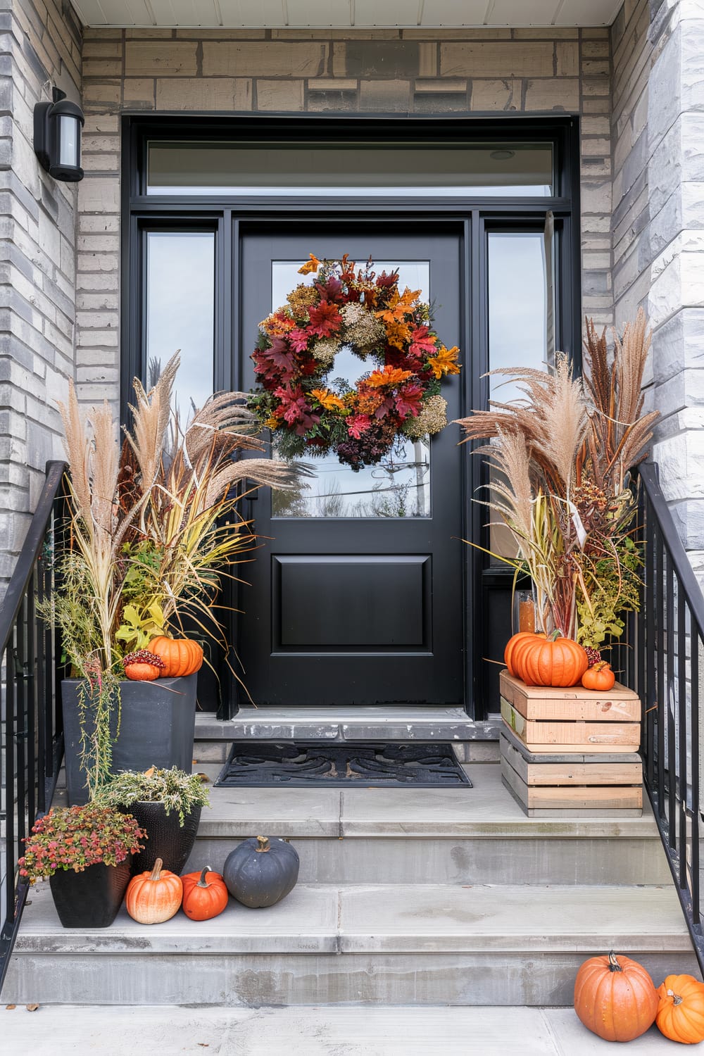 An outdoor entrance decorated for autumn. The front door is black with glass panels and is adorned with a vibrant wreath made of fall leaves in shades of red, orange, and yellow. On either side of the door, tall planters are filled with ornamental grasses and pumpkins. Additional pumpkins are arranged on the steps, including black, orange, and a mix of both hues. Wooden crates partially support the decorations on one side.