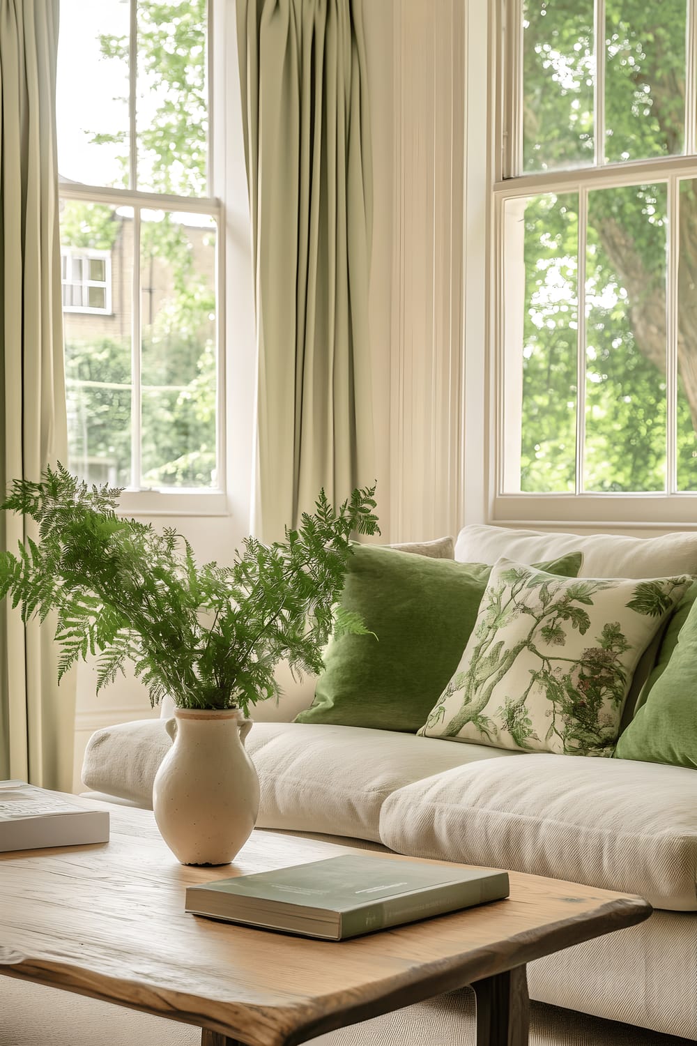 A peaceful Regent's Park apartment living room exuding a nature-influenced theme with its green design accent. A plush sage-colored sofa seats in the room, surrounded by luxuriant indoor plants. A vintage wooden coffee table takes the center with a vase of fresh flowers on top. Soft light showers in through large windows draped in light green curtains, adding to the serene, nature-inspired ambiance.