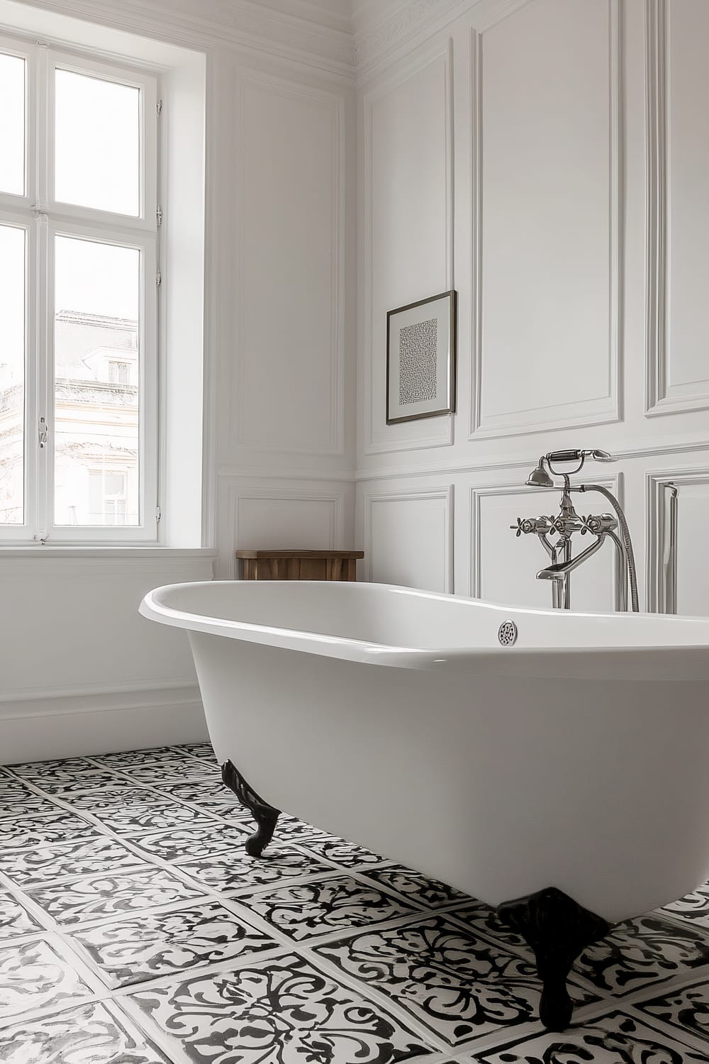 A sophisticated bathroom featuring a classic white clawfoot bathtub. The bathtub is positioned on intricate black and white patterned tiles. The walls are adorned with elegant white paneling and a single framed piece of abstract art. A large window allows natural light to fill the room, highlighting the refined details of the space.