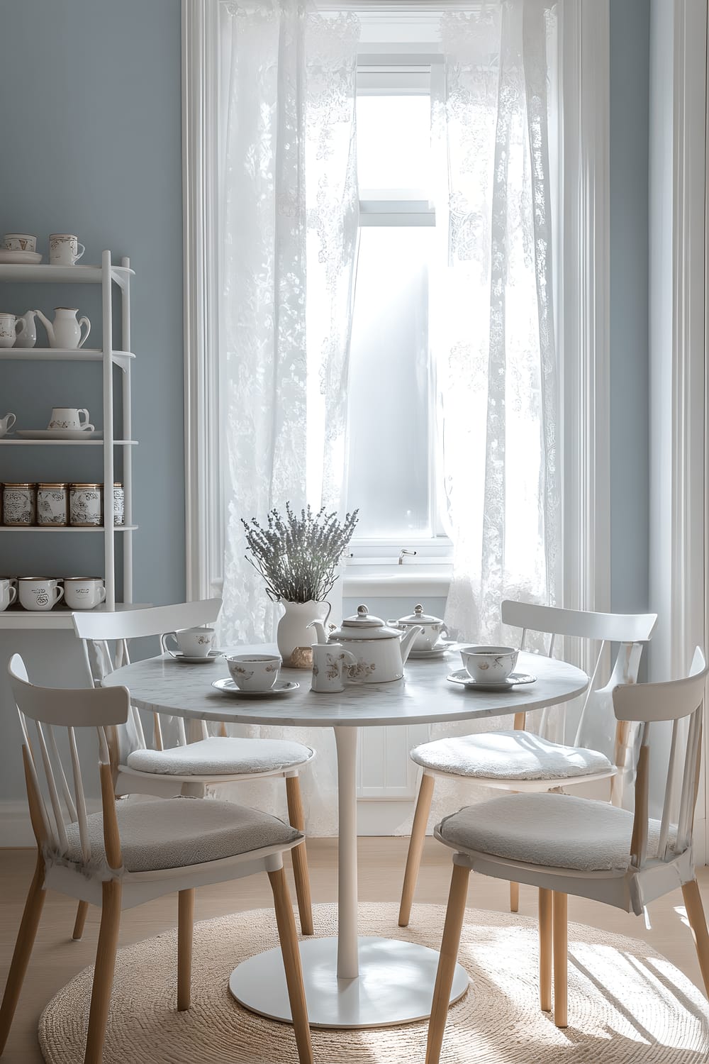 A charming tea room featuring pastel blue walls, light oak flooring, a round white marble table arranged with a silver vintage-inspired tea set, and four minimalist white chairs with light grey cushions. Through a large window with lace curtains is the play of soft, diffused light. A sleek white shelf holds pastel-colored tea tins and a potted lavender plant, while a textured rug in subtle hues warms the room.