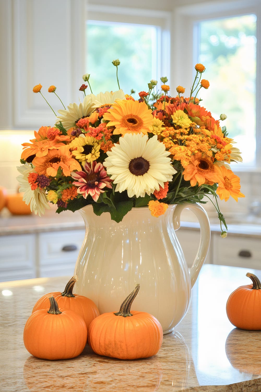 A white ceramic pitcher is centrally placed on a granite countertop in a bright kitchen. It is filled with a vibrant bouquet of yellow, orange, and white flowers. Surrounding the pitcher are small, vividly orange pumpkins, which contribute to the autumnal theme of the scene. In the background, white cabinetry and large windows with ample natural light create an inviting atmosphere.