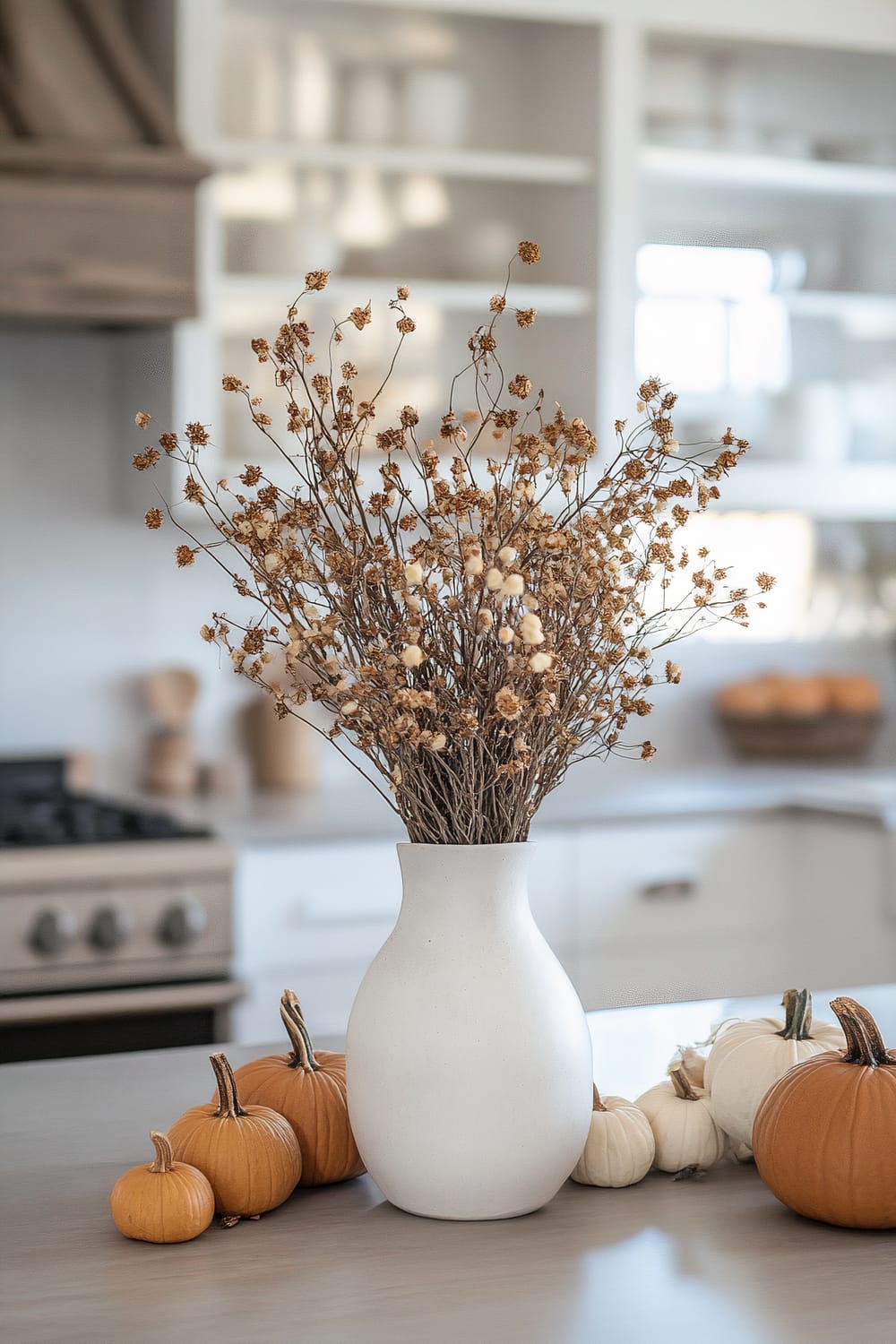 A kitchen countertop decorated with a white ceramic vase filled with dried flowers, surrounded by small orange and white pumpkins. The background shows a stovetop and built-in shelves with minimalistic decor items, creating a light and airy atmosphere.