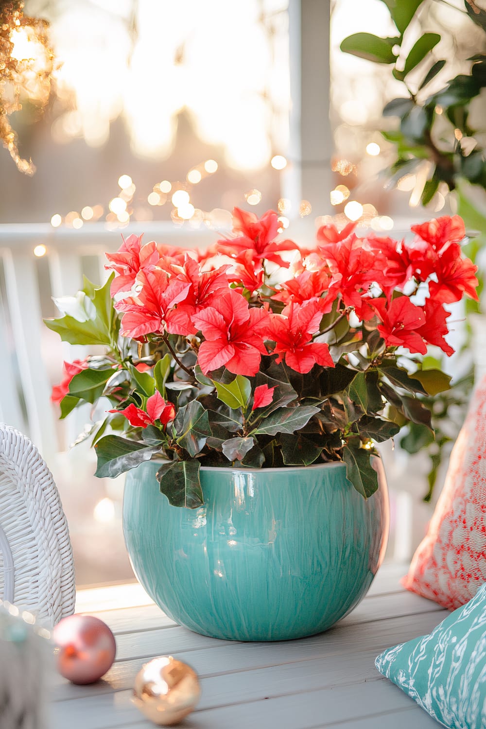 A pastel teal ceramic planter filled with vibrant red Azaleas and blooming Bougainvillea is placed on a vintage-style porch. Surrounding the planter are glossy green Ficus plants. The porch is decorated with white wicker furniture, colorful outdoor cushions, and retro glass baubles among small twinkling fairy lights. The scene is bathed in soft golden hour sunlight.