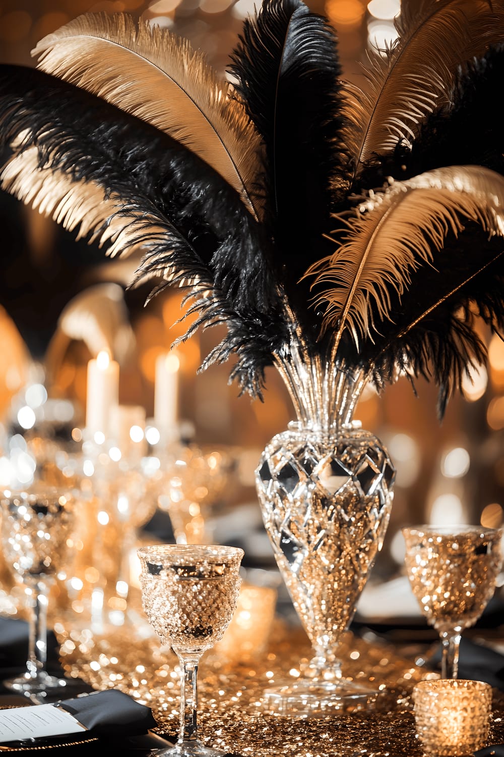 A luxurious Art Deco centerpiece on a black lacquer table. The centerpiece consists of mirrored candle holders with geometric patterns, surrounded by black and gold feathers and crystal beads. A gold sequin runner spans under the centerpiece. The entire arrangement is dramatically spotlighted, capturing the glamorous essence of the Art Deco era.