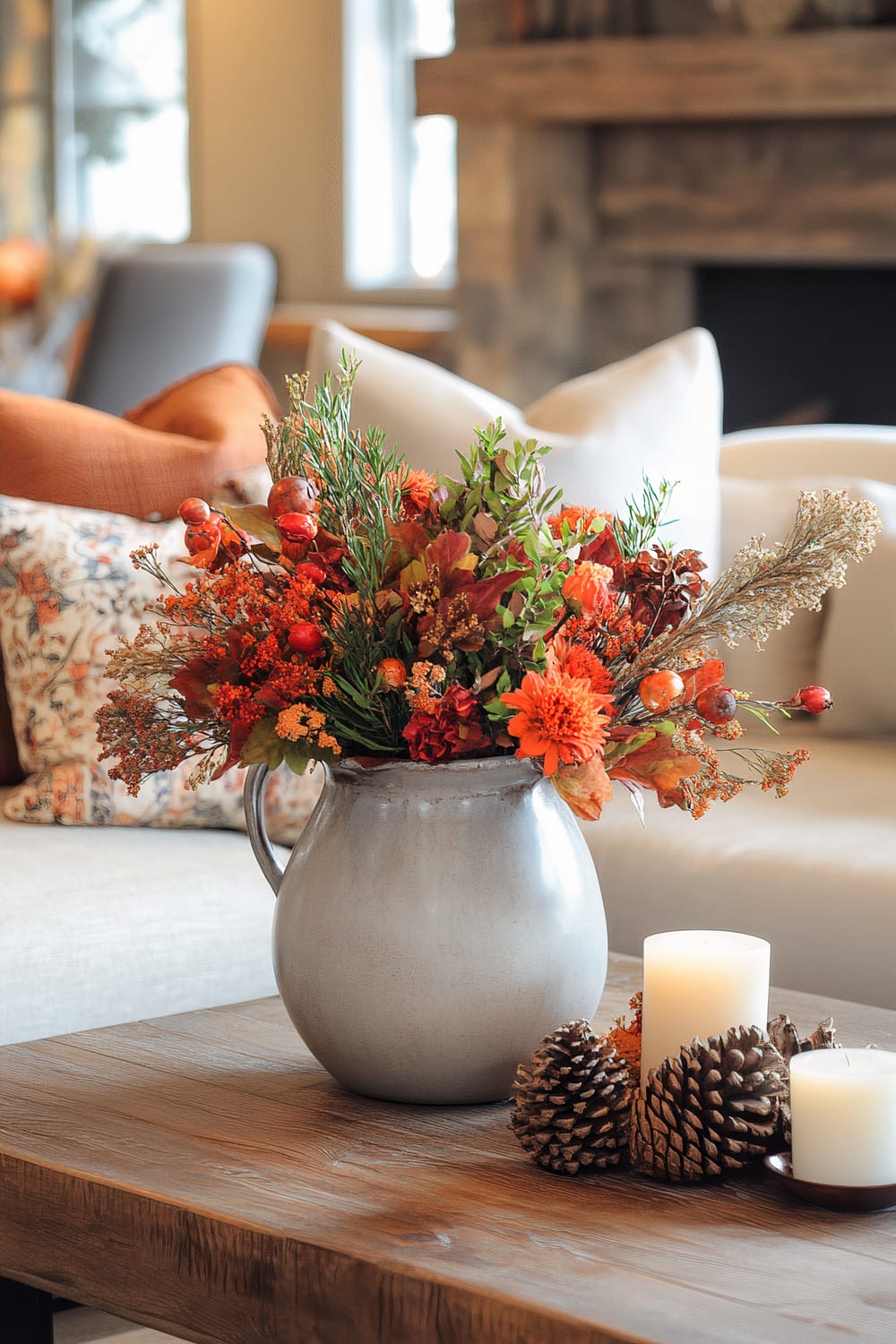 A rustic modern living space is highlighted by a reclaimed wood coffee table with a smooth finish. The table features a large ceramic pitcher filled with fresh autumn blooms in rich reds and oranges, surrounded by neatly arranged pinecones and two simple white candles in rustic metal holders. Behind the table is a modern fabric sofa with neutral-toned cushions featuring subtle fall patterns and warm wooden accents, under soft natural lighting.