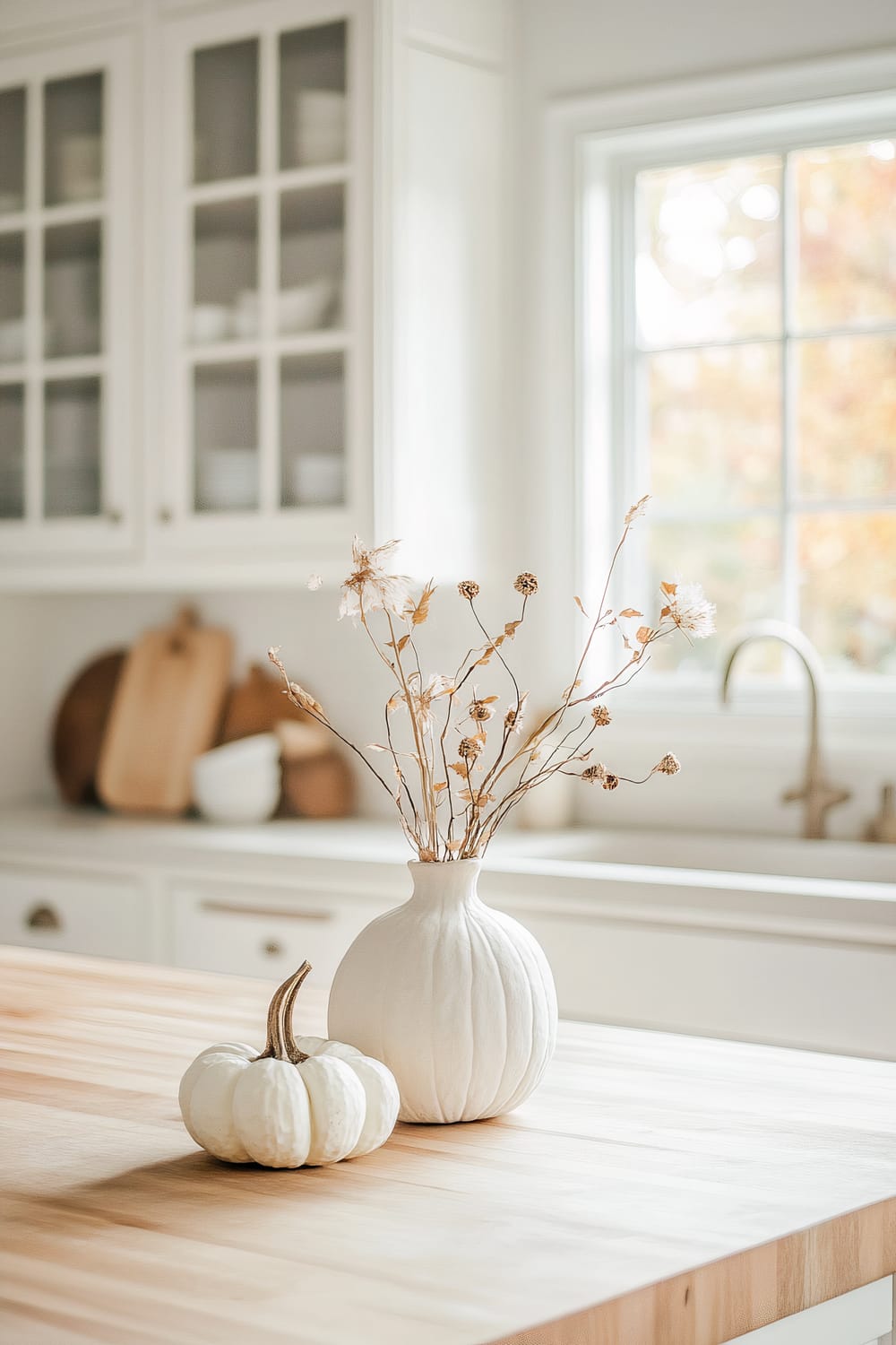 Light-filled kitchen with a wooden countertop featuring a white pumpkin and a ceramic vase containing dried plants. In the background, there are white cabinetry with glass-front doors, showcasing neatly stacked dishes, and a window that allows natural light to flood in.