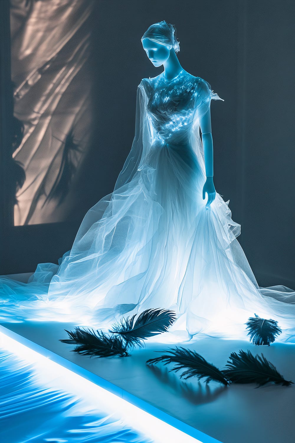 A white dress mannequin with translucent, flowing fabric is softly illuminated by eerie blue LEDs. It is set on a minimalist white table scattered with dark feathers. A delicate silver mirror reflects the ghostly blue light, enhancing the haunting ambiance under dim lighting.