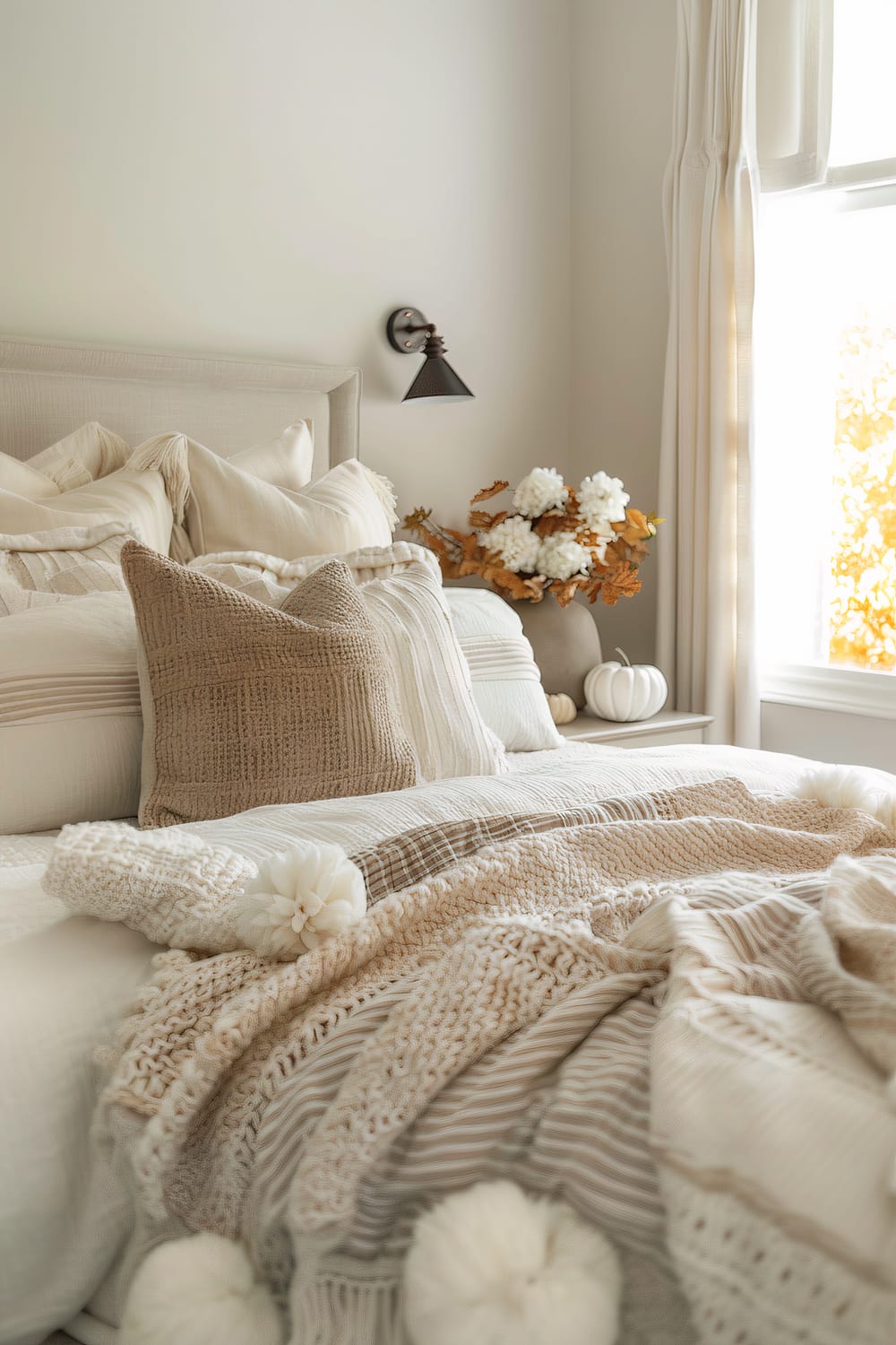 This is a beautifully styled bedroom with a neutral color palette. The bed is adorned with beige and cream pillows, a knitted throw blanket, and a variety of textured linens. A small nightstand beside the bed holds a white pumpkin and a bouquet of white flowers with orange foliage. Natural light streams in through the window, enhancing the warm and cozy ambiance.