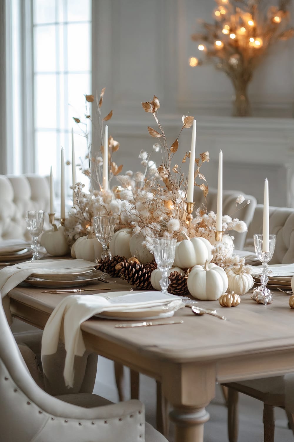 A sophisticated dining table elegantly set for an autumn celebration. The neutral-toned wooden table is adorned with white pumpkins, pinecones, and tall white taper candles held by golden candlesticks. Dried floral arrangements, featuring white and golden hues, enhance the autumnal theme. Crystal goblets add a touch of formality, while plush tufted white chairs surround the table, ensuring comfort for diners. In the background, fairy lights delicately illuminate a dried floral centerpiece on the mantel, adding a warm, inviting glow.