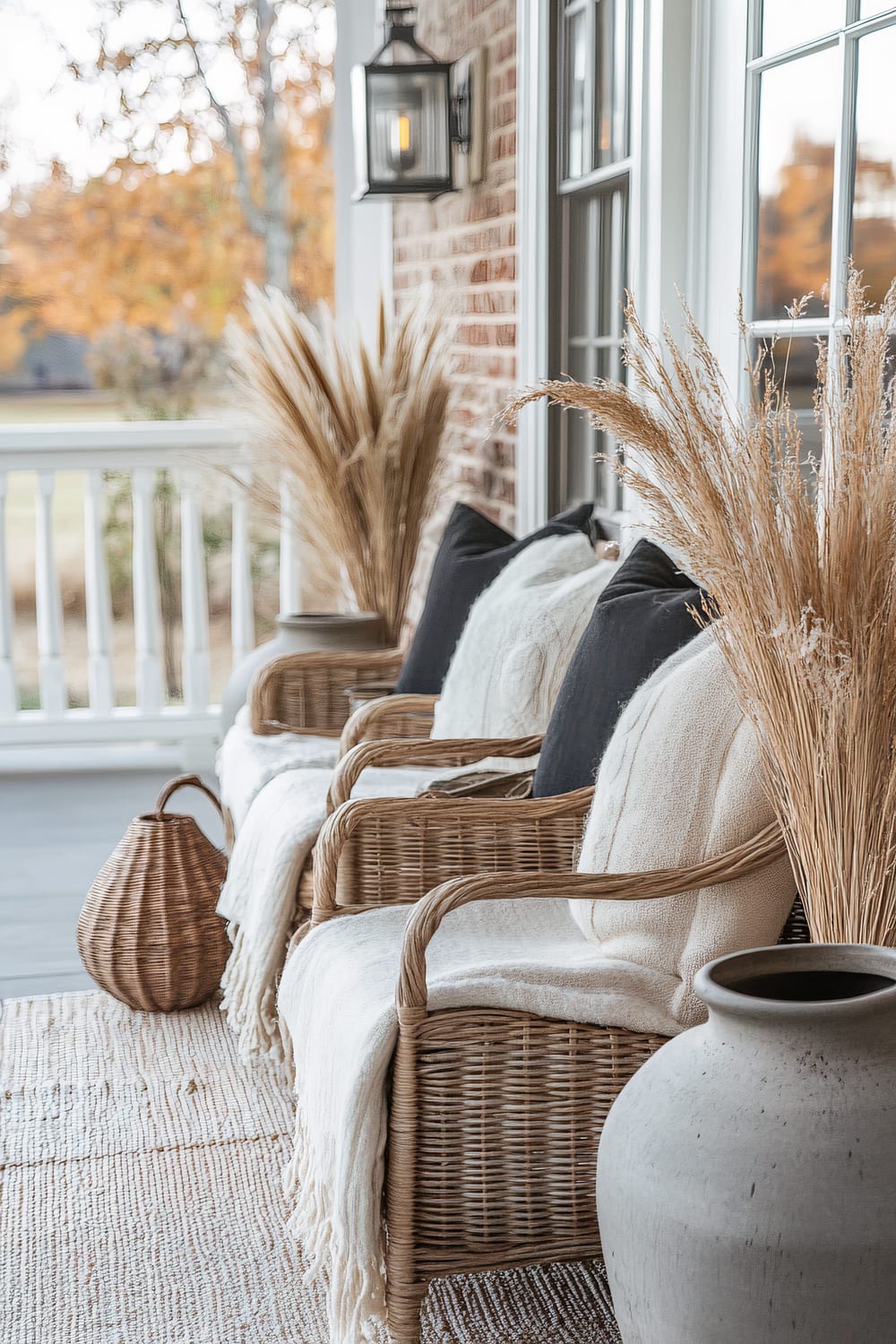 A porch scene features two wicker chairs with plush white cushions and black throw pillows, topped with white blankets. Behind the chairs are large vases filled with dried pampas grass, adding a rustic charm. A wicker basket is placed on the wooden floor, and a muted earthy-toned rug covers a section of the porch. A modern rectangular lantern hangs on the wall above the arrangement, hinting at the autumn season with colorful foliage visible through the nearby railing and trees.