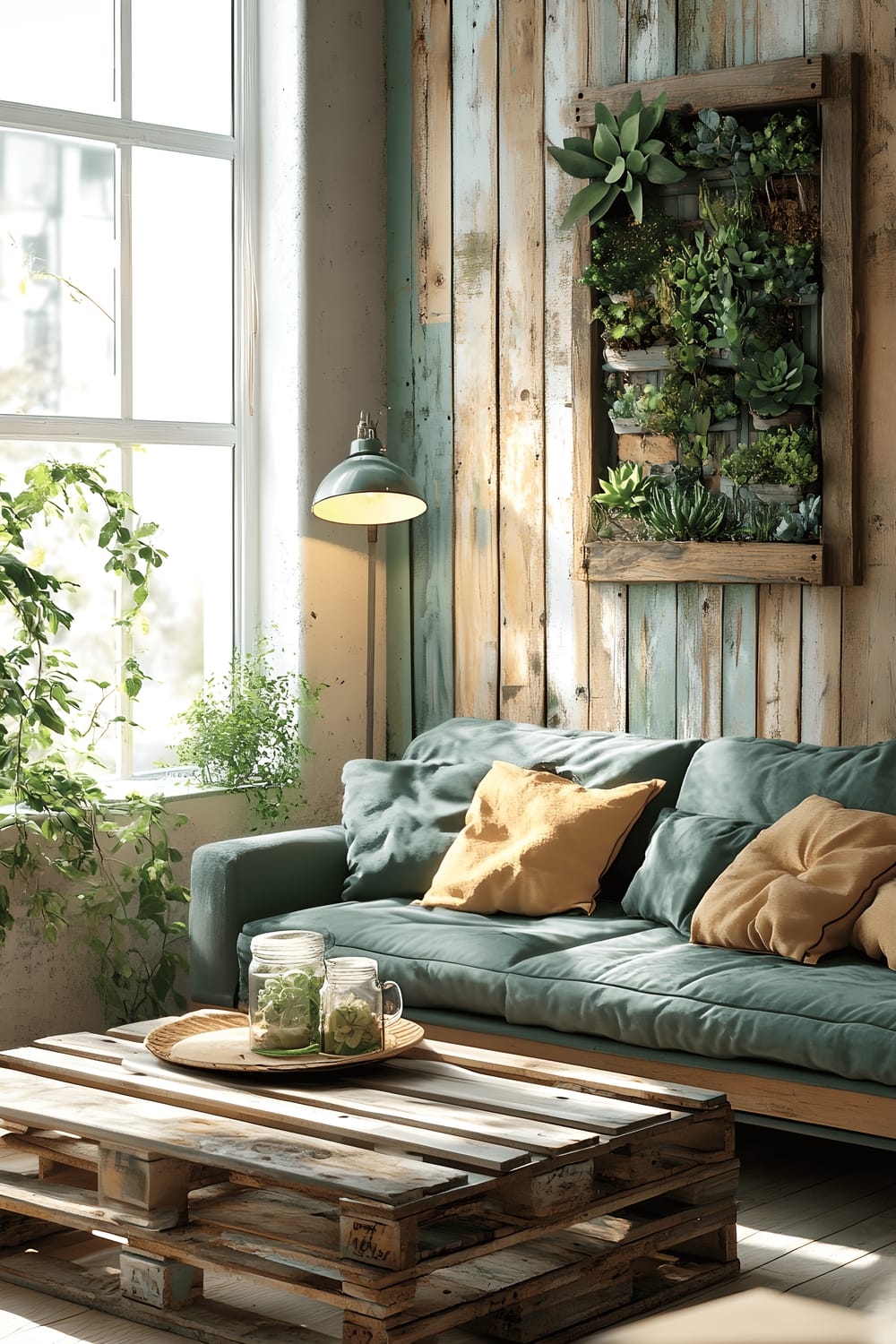 A small living room characterized by an earthy color palette with the highlight of vibrant green succulents on a vertical garden. The room features a comfy sofa draped in upcycled fabric, a coffee table made of reclaimed pallet wood, a lamp made from repurposed mason jars, and a bay window letting in plenty of natural light.