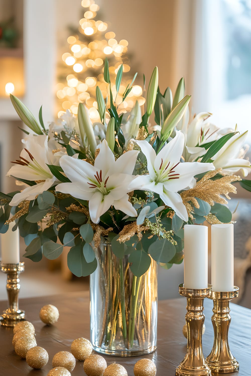 A living room table set for New Year's Eve celebration. The centerpiece is a large glass vase with white lilies and gold-dusted eucalyptus branches. There are two gold candle holders with lit white candles. Also, ten pieces of gold confetti are scattered around the table. The entire scene is lit with soft natural lighting, giving it a fresh and elegant feel.