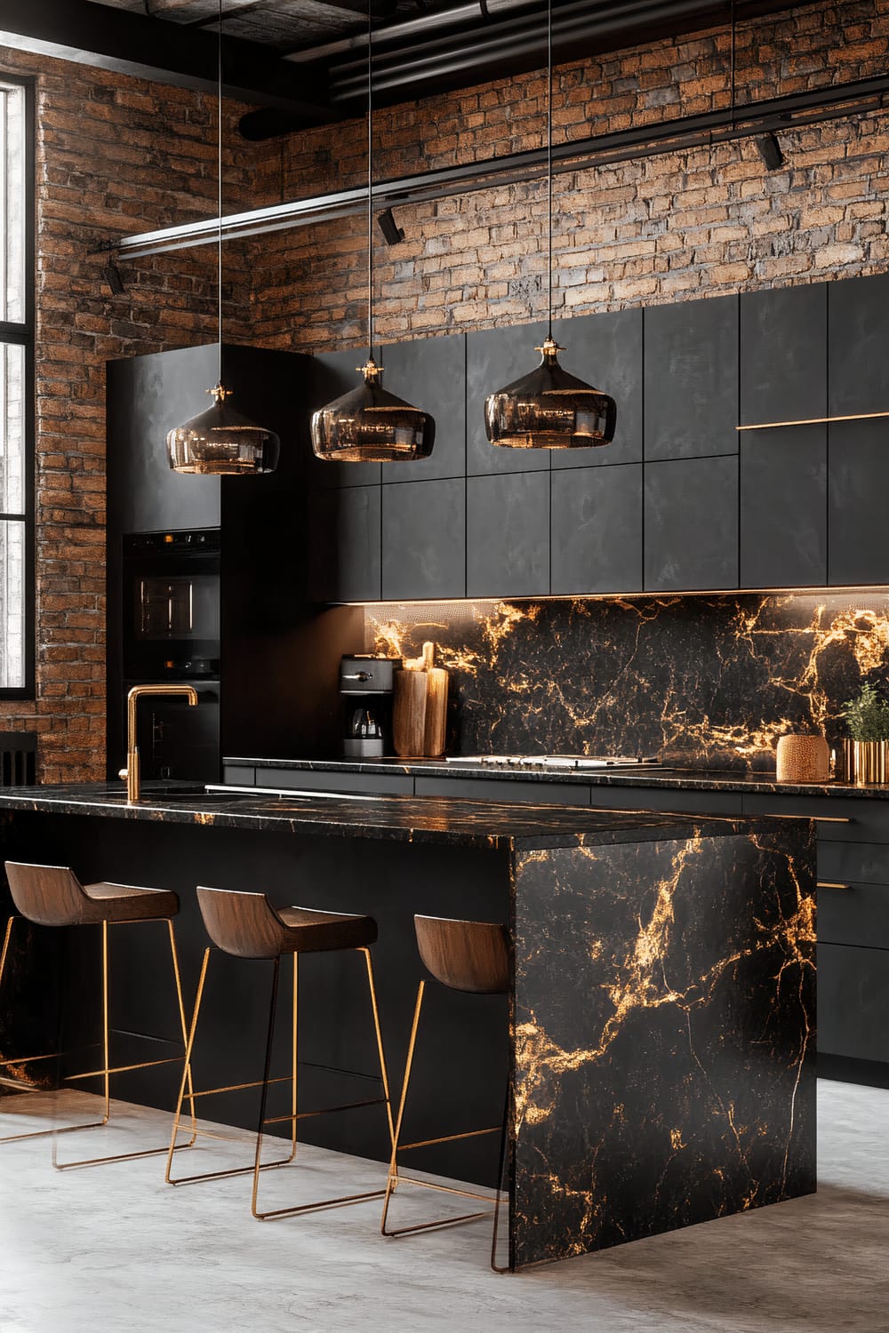 A modern kitchen featuring dark cabinetry with a black and gold marble countertop and backsplash. Three black and gold pendant lights hang above the counter, which has bar stools with dark wood seats and gold frames. The space has an industrial vibe with exposed brick walls and a large window letting in natural light.