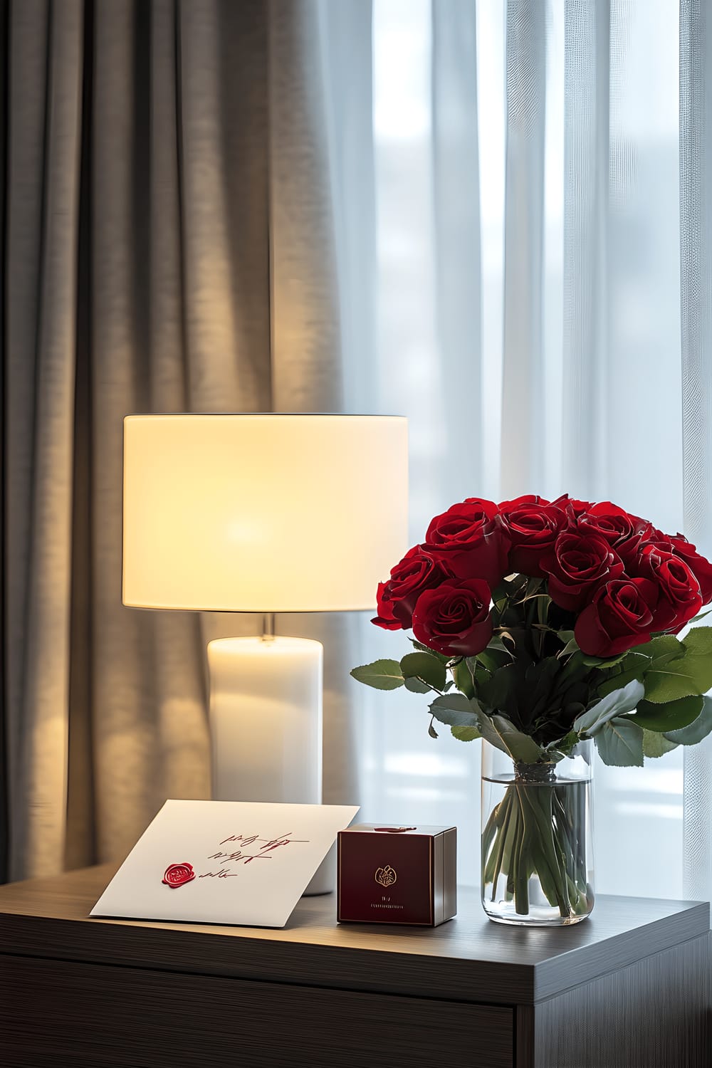 A modern bedroom scene focusing on an ornate nightstand made of dark wood. On it is a white lamp providing a soft glow, a neatly folded love letter sealed with a red wax stamp, a small bouquet of blooming red roses, and a box of luxury chocolates. The room is subtly lit, bathed in the soft, natural light filtering in through a large window covered with sheer curtains in the background.