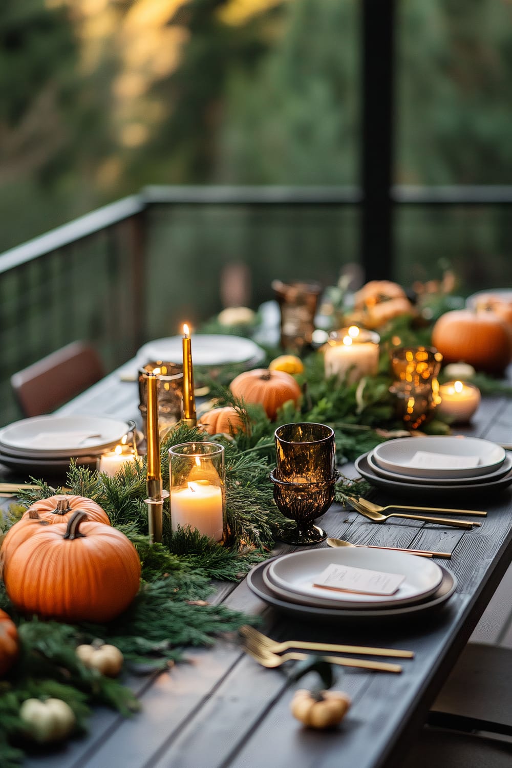 A beautifully decorated outdoor dining table set for an evening event. The table features classic autumn elements including pumpkins and an array of candles in glass holders. Lush greenery serves as a table runner, complementing the pumpkins and gold-toned tableware. An array of elegant plates and glassware is set for multiple guests, with some seating arrangements including gold forks and spoons neatly placed beside the plates.