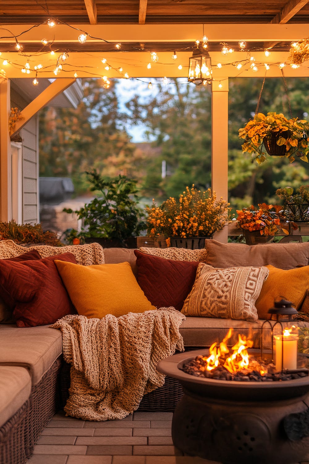 A inviting outdoor patio decorated for autumn. The space features a large L-shaped wicker sofa with beige cushions adorned with throw pillows in earthy tones of mustard yellow and burnt orange. A chunky knit blanket is casually draped over the sofa. Above, warm string lights hang, casting a cozy glow over the area. Potted plants with orange and yellow flowers surround the space, contributing to the fall atmosphere. In the foreground, an ornate black metal fire pit with a small fire is accompanied by lanterns holding white pillar candles.