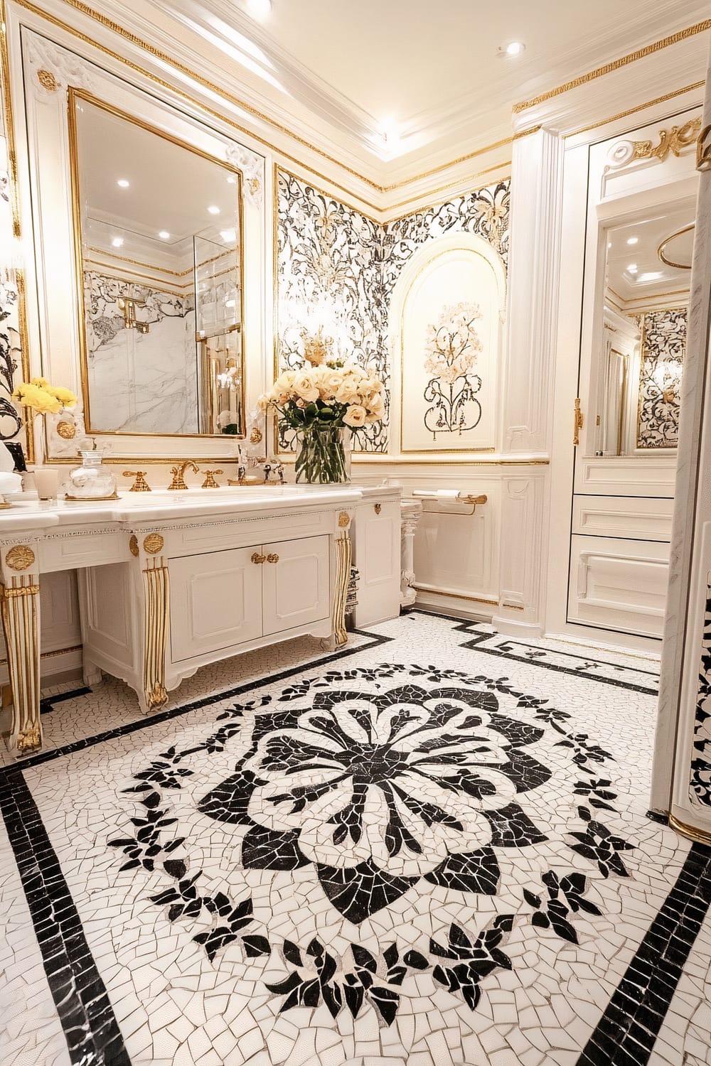 Lavishly ornate bathroom featuring a white vanity with gold accents and a large mirror. The walls are adorned with elaborate black and gold floral designs. The floor showcases an intricate black and white mosaic pattern, centered with a large flower motif. Fresh white and yellow flowers in a vase add a touch of natural elegance.